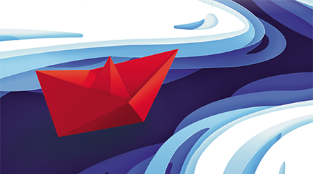 Red boat floating in river graphic
