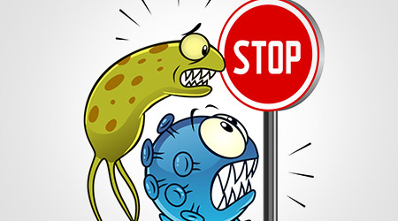 Illustration of viruses and bacteria stopped at a stop sign