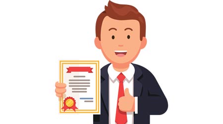 Animated man holds up certification