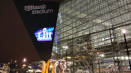 Minnesota Vikings US Bank Stadium in Minneapolis at Night, site of Super Bowl LII