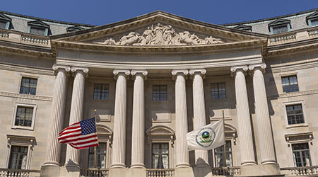 United States Environmental Protection Agency building. USA and EPA flags.