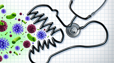 Disease fighting medical health concept as a stethoscope in the shape of a fearless monster                                                           