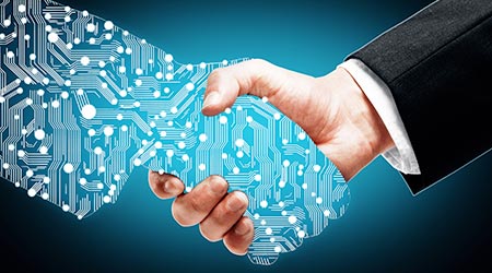Businessman shaking digital partners hand on blue background