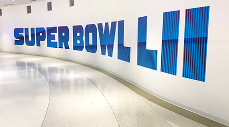 Super Bowl LII sign on the wall signifying the upcoming Super Bowl in Minneapolis