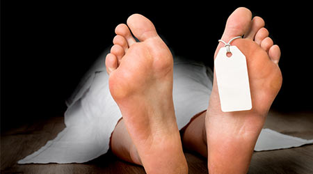 Dead woman lying on the floor under white cloth with blank tag on feet