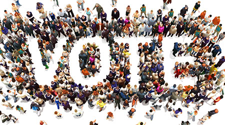 People that vote. Large group of people walking to and forming the shape of the word text vote on a white background. 3d rendering