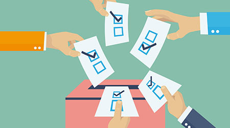Elections voting, politics and elections illustration, hands leaving votes
