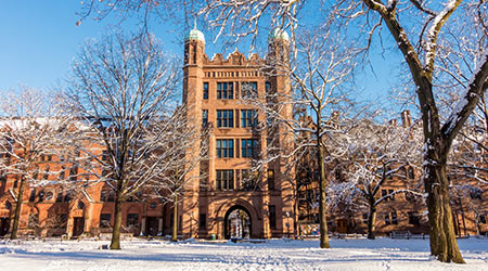 Yale university buildings in winter in New Haven, CT