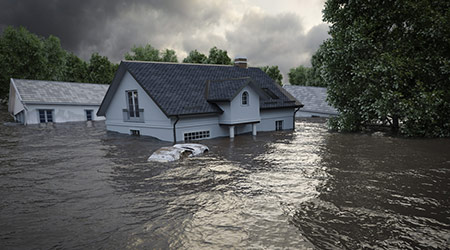 flooding houses with rising water in a 3D rendering