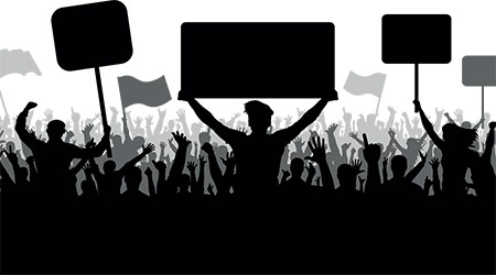 Demonstration, manifestation, protest, strike, revolution. Silhouette background vector, angry mob