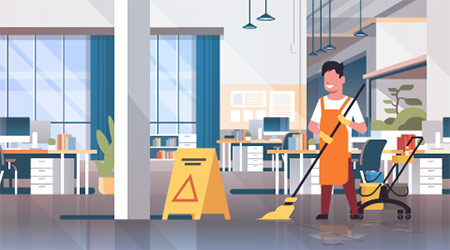 Vector image of a male janitor cleaning an office