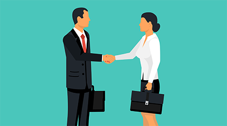 Handshake man and women. Meet business partners, stylish man in suit, woman in professional business attire. Business people male and businesswomen. Vector illustration flat design. Isolated on background. Symbol of successful deal.