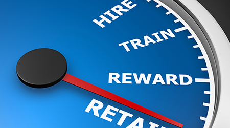 Hire Train Reward Retain words on a speedometer to illustrate human resources best practices processes for new employees 3d rendering S
