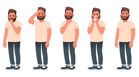Symptoms of a viral infection and respiratory illness. A sick man coughs and sneezes. Headache, sore throat, runny nose, fever. Coronavirus COVID-19. Vector illustration in cartoon style