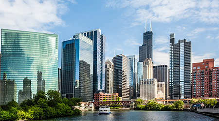 West Wacker Drive Skyline in Chicago as seen from the city river