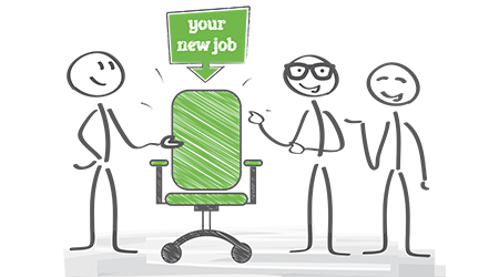 Start new career, your new job. Stick figures in black and white vector image. Only colored thing is a green chair.