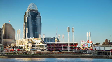 CINCINNATI - APRIL 12: Great American Ball Park stadium on April 12, 2014 in Cincinnati, Ohio. It is is a baseball stadium located in Cincinnati, Ohio and the home field of the Cincinnati Reds of MLB