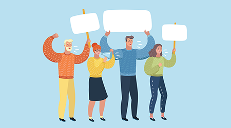 Vector cartoon illustration of people on strike waving banners, picketing, and using a loud speaker