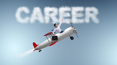 Businessman flying a small airplane upwards to symbols success