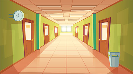 Vector cartoon school hallway with window and many doors. College corridor with rubbish bin and no people. Interior of university, education concept.