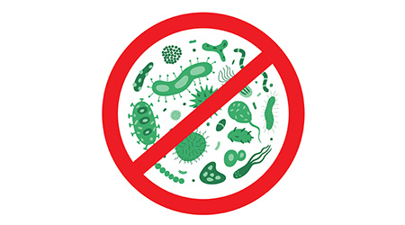 Antibacterial and antiviral defence icon. Stop bacteria and viruses prohibition sign. Antiseptic.