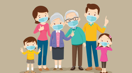 vector image of an entire family wearing masks to protect against COVID-19