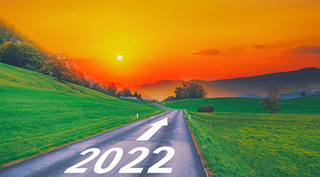 Open empty road path end and new year 2022. Upcoming 2022 goals and leaving behind 2021 year. passing time future, life plan change, work start run line, sunset hope growth begin, go forward concept.