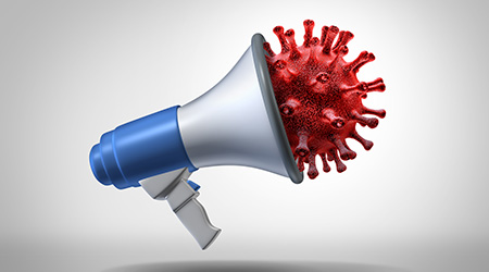 Virus communication and disease prevention guide tips or medical protection directive fo pneumonia or coronavirus pandemic information as a covid-19 blowhorn or megaphone as a 3D illustration.