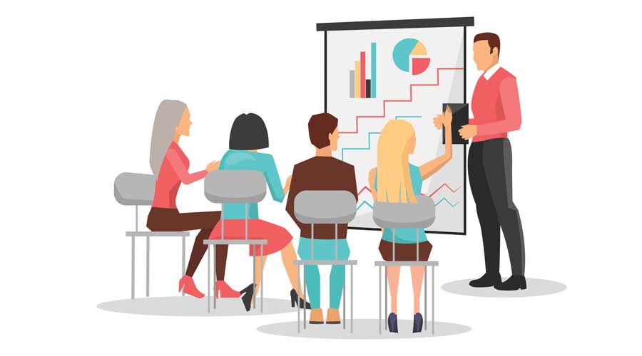 People at business training look at presentation with graphics that shown by tutor isolated cartoon flat vector illustration on white background.
