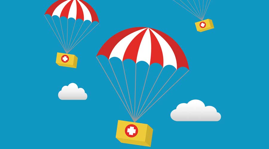 Medical Relief Supplies Air Drop With Parachutes Vector Illustration