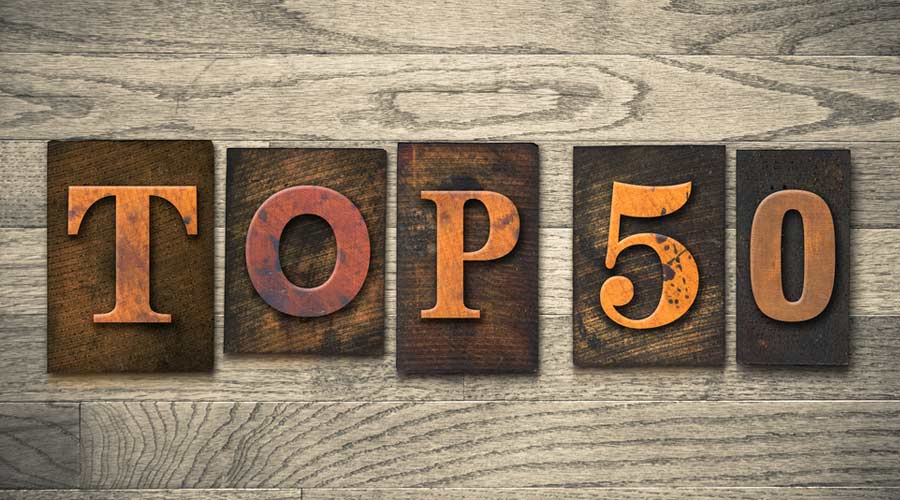 The words TOP 50 written in wooden letterpress type.