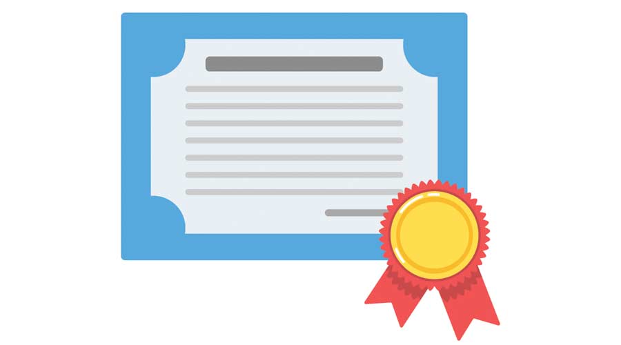 Diploma with gold medal. Education document. Certificate. Text in a blue frame. Flat minimalistic design. Icon. Isolated cartoon illustration on white background.