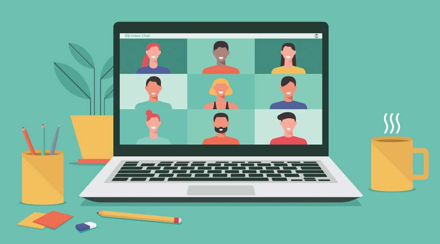 people connecting together, learning or meeting online with teleconference, video conference remote working on laptop computer, work from home and work from anywhere concept, flat vector illustration
