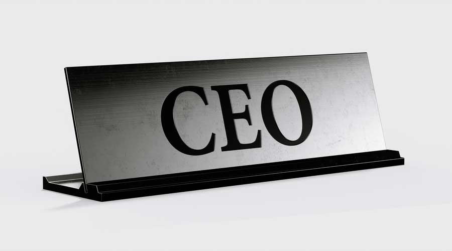 Metal nameplate with CEO text on the white background isolated, with soft focus depth of field. 3d rendering illustration