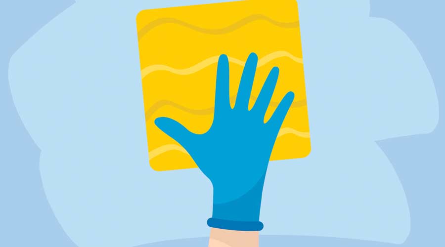 Cleaning napkin in the hand in a latex glove. Wipe and disinfect the surface with yellow microfiber cloth. Vector illustration. Flat design