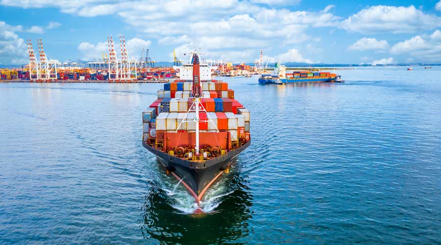 Container ship at seaport import export global business company worldwide logistic and transportation, Aerial view container cargo industrial vessel boat freight ship.
