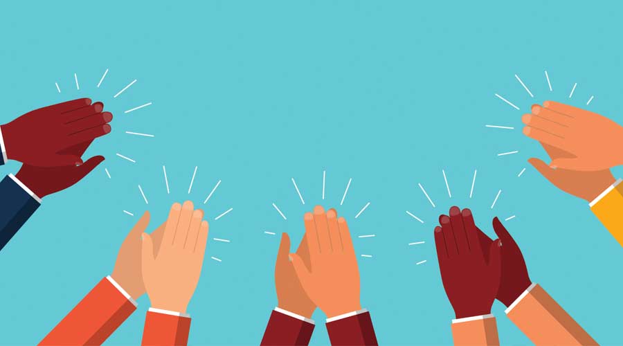 Clap of hand. Applause of people. Applaud and congratulations of success business. Great ovation from audience. Cartoon hands with claps. Sign of bravo, happy, appreciation, applaus. Vector.