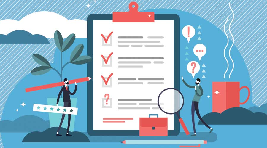 Survey vector illustration. Flat mini persons concept with quality test and satisfaction report. Feedback from customers or opinion form. Client answers understanding with professional research team.