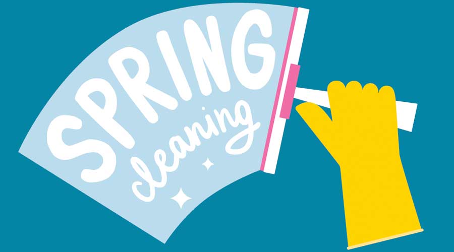 Spring cleaning lettering. Hand in glove cleans window with squeegee. Flat illustration of disinfecting cleanup with scraper and detergent. Clean home and housekeeping concept.