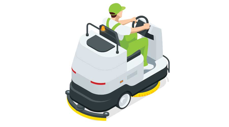 Isometric floor washing machine isolated on white background. Floor care and cleaning services. Man worker cleaning floor washing vacuum cleaner