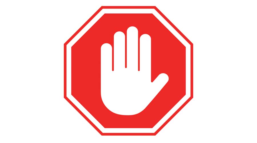 Stop sign. Red forbidding sign with human hand in octagon shape. Stop hand gesture, do not enter, dangerous. Vector