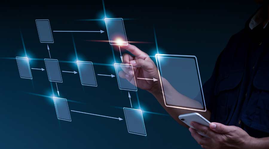 Automation of company processes and workflows using a flowchart, with a businessman in the backdrop