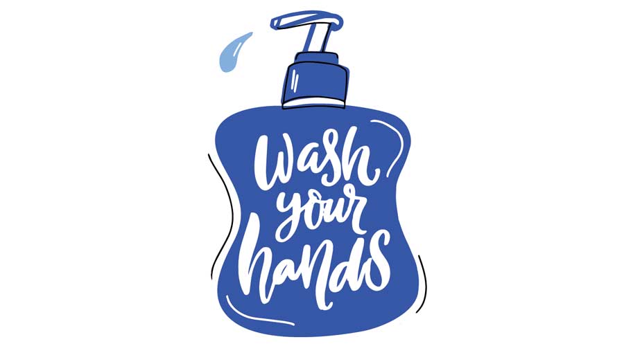 Wash your hands quote on liquid soap bottle, bathroom poster. Handwritten brush lettering print. Virus prevention tip, personal hygiene. Cartoon drawing of soap dispenser with slogan