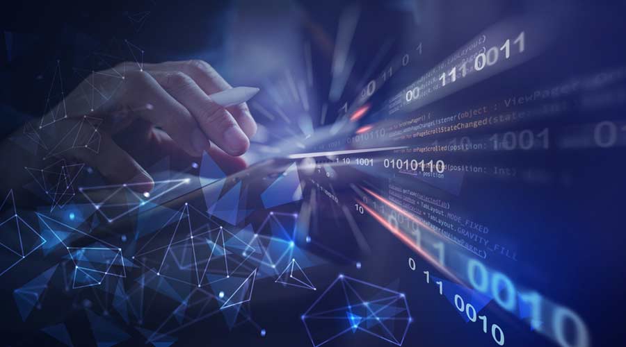 Software development, IoT internet of Things, Internet network technology concept. Man coding programmer, software developer working on digital tablet with binary, html computer code on virtual screen