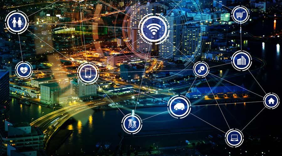 smart city and wireless communication network, IoT(Internet of Things), ICT(Information Communication Technology), digital transformation, abstract image visual