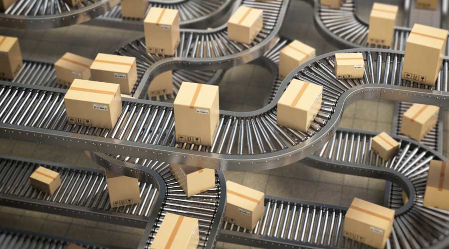 Cardboard boxes on conveyor roller in distribution warehouse, Delivery and packaging service concept background. 3d illustration