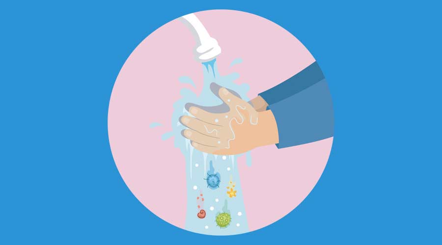 Illustration of a Kid Hands Washing Hands Under Faucet with Germs Falling Down