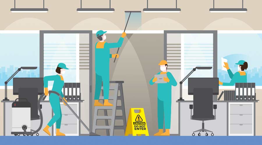 Routine everyday job concept. Cleaning team in office workplace room. Clean and check inspect professional service for protect the dirty and virus in workplace. After re-opening business hour for work
