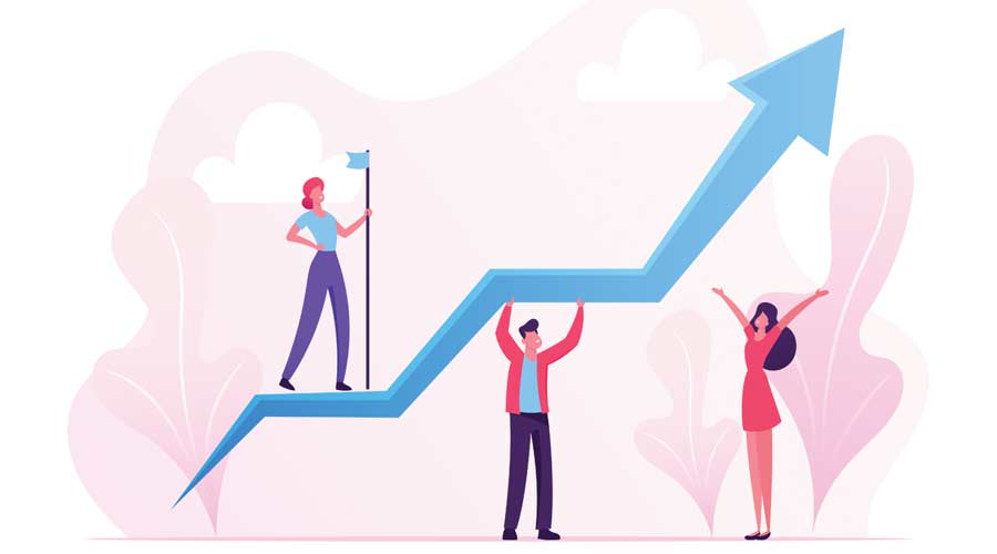 Business Characters Teamwork. Team of Businesspeople Holding Growing Arrow, Leader with Flag Standing on Top. Financial Success Career Growth Cooperation Partnership. Cartoon Flat Vector Illustration