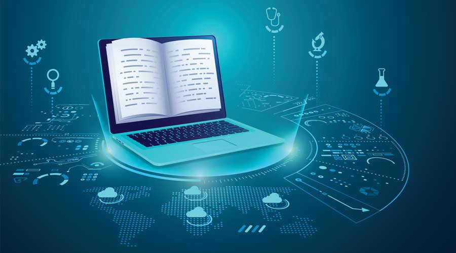 concept of e-learning technology, graphic of realistic computer notebook with book's pages as screen